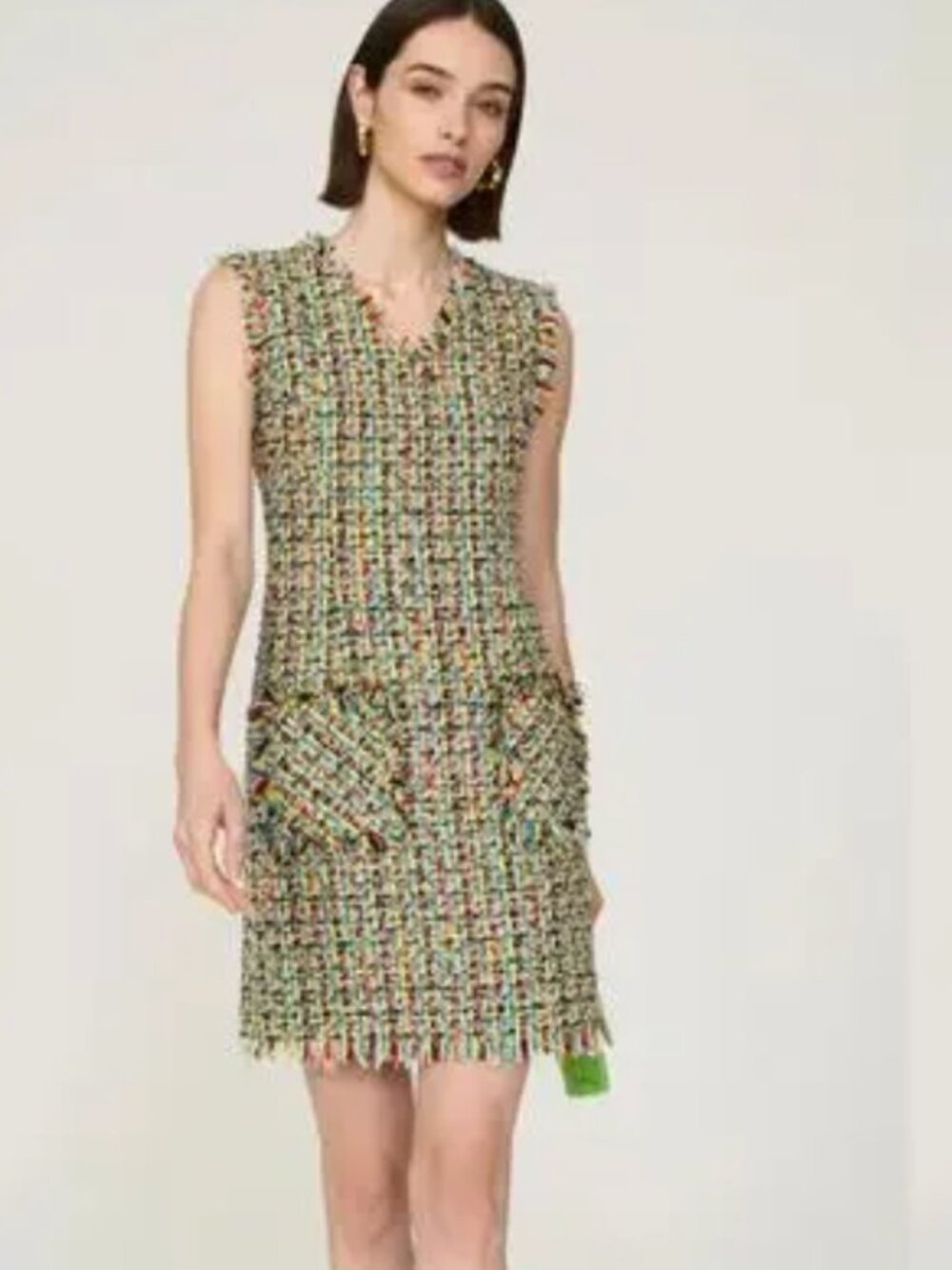 Callas Colette Dress Tweed Fringe Trim Sleeveless Mini Shift Multicolor 40